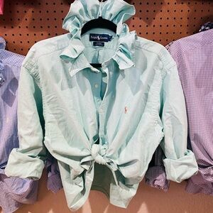 Ralph Lauren Mint Green Ruffle Collar Button-Front Blouse